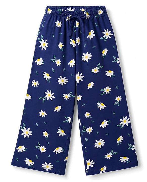 Pine Kids Cotton Knit Half Sleeves Top & Pyjama Night Suit  With Floral Print - Navy Blue