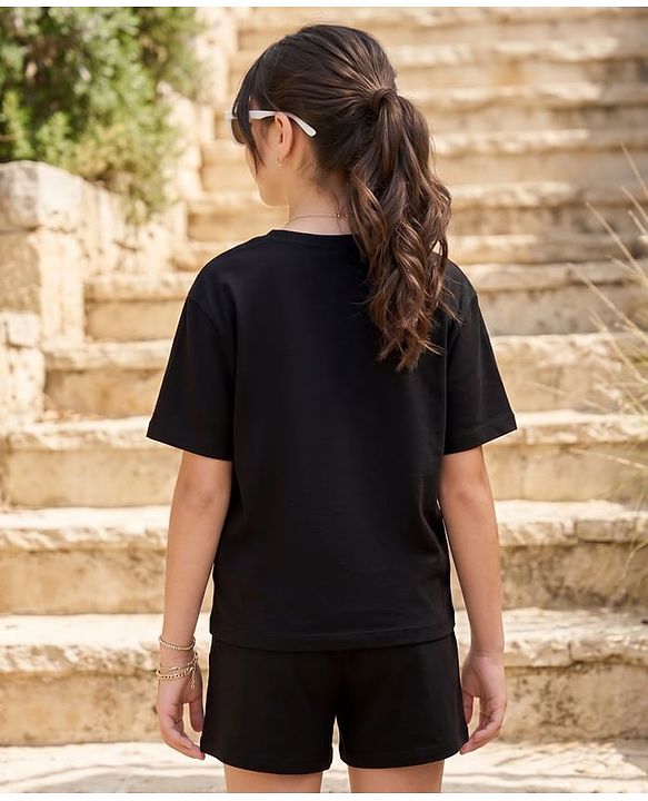 Pine Kids Cotton Knit Half Sleeves  T-Shirt Shorts Night Suit with Text Print - Black