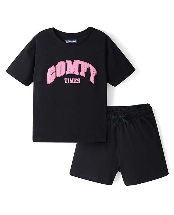 Pine Kids Cotton Knit Half Sleeves  T-Shirt Shorts Night Suit with Text Print - Black