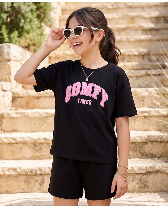 Pine Kids Cotton Knit Half Sleeves  T-Shirt Shorts Night Suit with Text Print - Black