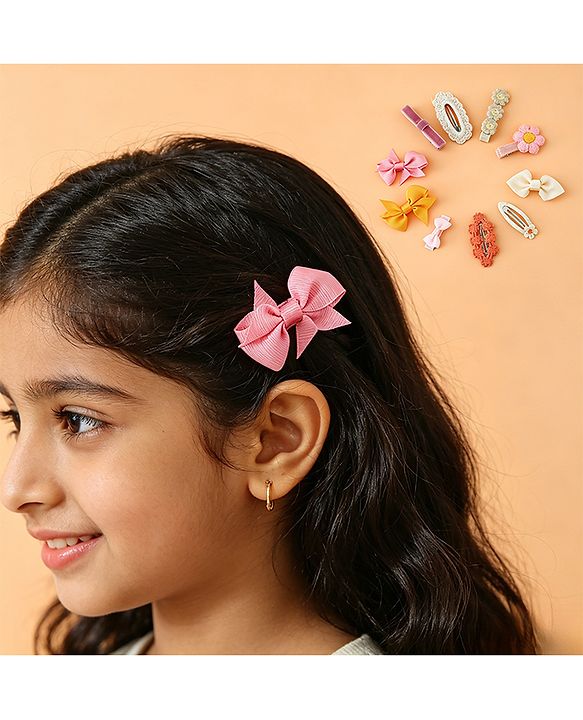 Pine Kids Hair Pins And Clips with Bow and Floral Applique Pack of 10 - Yellow