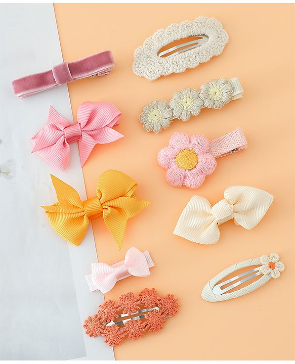 Pine Kids Hair Pins And Clips with Bow and Floral Applique Pack of 10 - Yellow