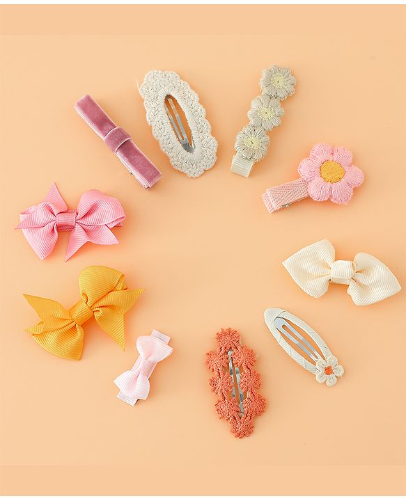 Pine Kids Hair Pins And Clips with Bow and Floral Applique Pack of 10 - Yellow