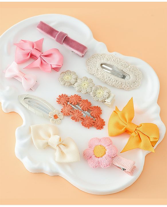 Pine Kids Hair Pins And Clips with Bow and Floral Applique Pack of 10 - Yellow