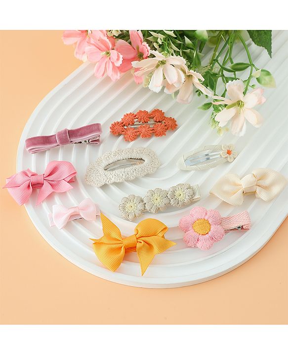 Pine Kids Hair Pins And Clips with Bow and Floral Applique Pack of 10 - Yellow