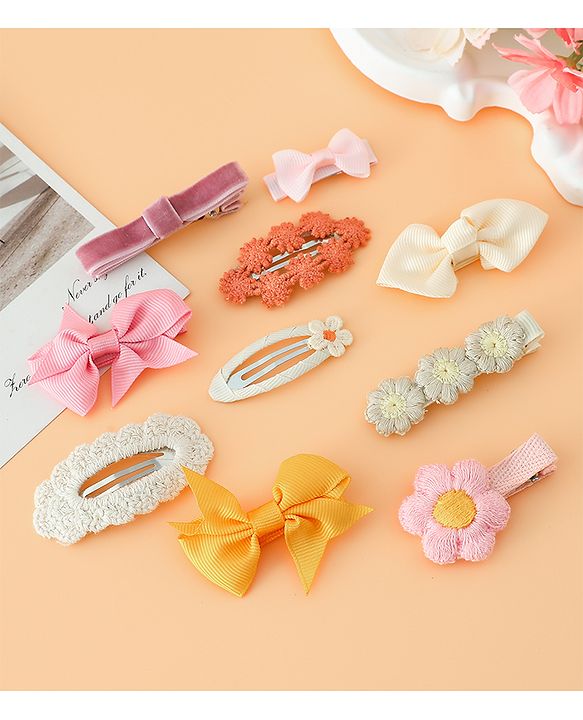 Pine Kids Hair Pins And Clips with Bow and Floral Applique Pack of 10 - Yellow