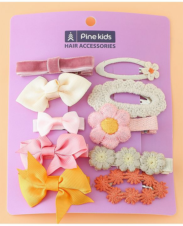 Pine Kids Hair Pins And Clips with Bow and Floral Applique Pack of 10 - Yellow