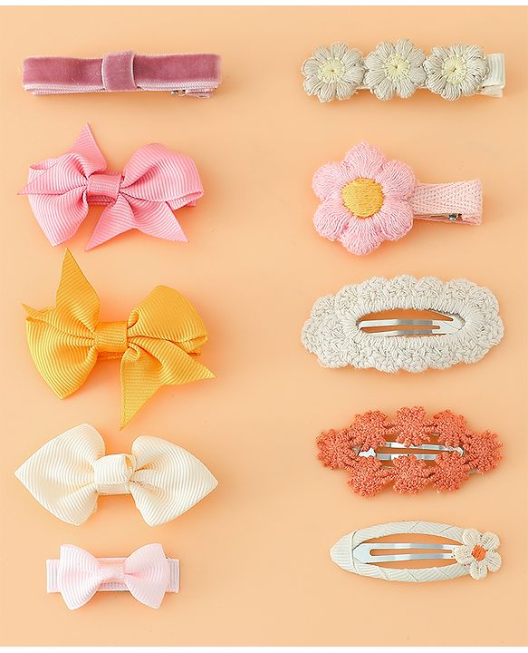 Pine Kids Hair Pins And Clips with Bow and Floral Applique Pack of 10 - Yellow