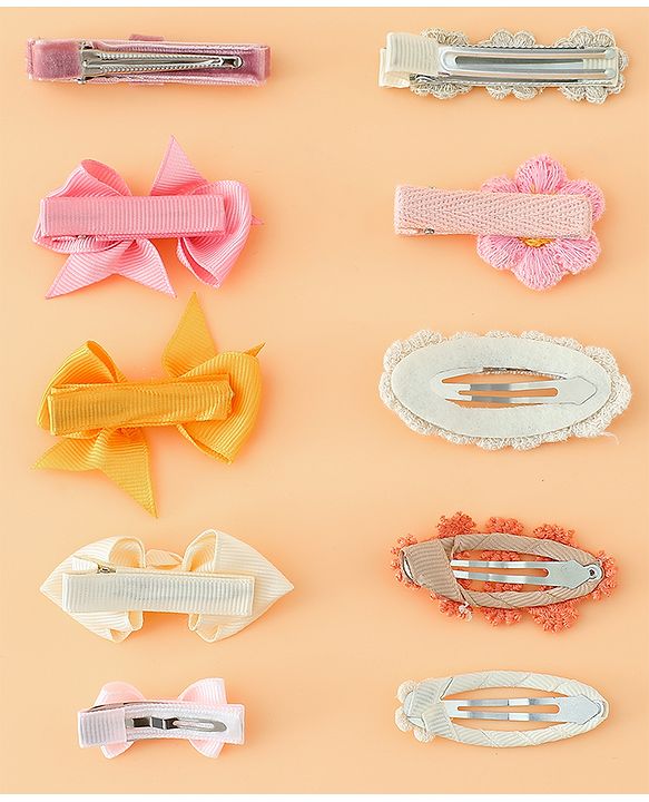 Pine Kids Hair Pins And Clips with Bow and Floral Applique Pack of 10 - Yellow