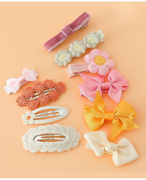 Pine Kids Hair Pins And Clips with Bow and Floral Applique Pack of 10 - Yellow