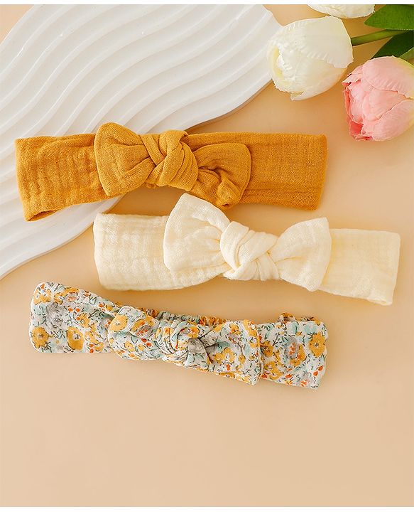 Babyhug Headband With Bow Applique Pack of 3 -Yellow & Off White