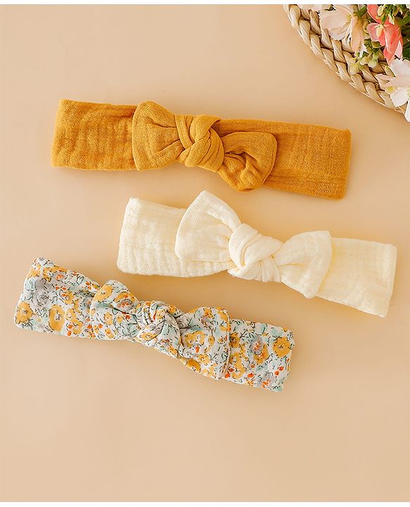 Babyhug Headband With Bow Applique Pack of 3 -Yellow & Off White