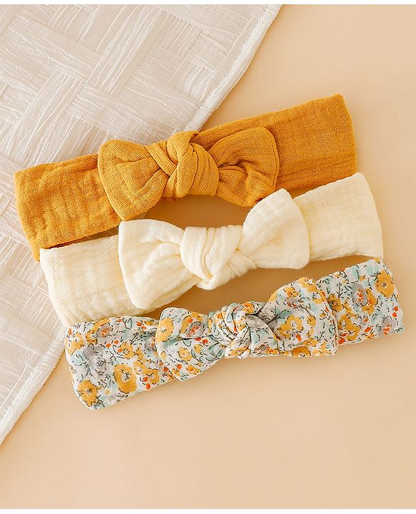 Babyhug Headband With Bow Applique Pack of 3 -Yellow & Off White
