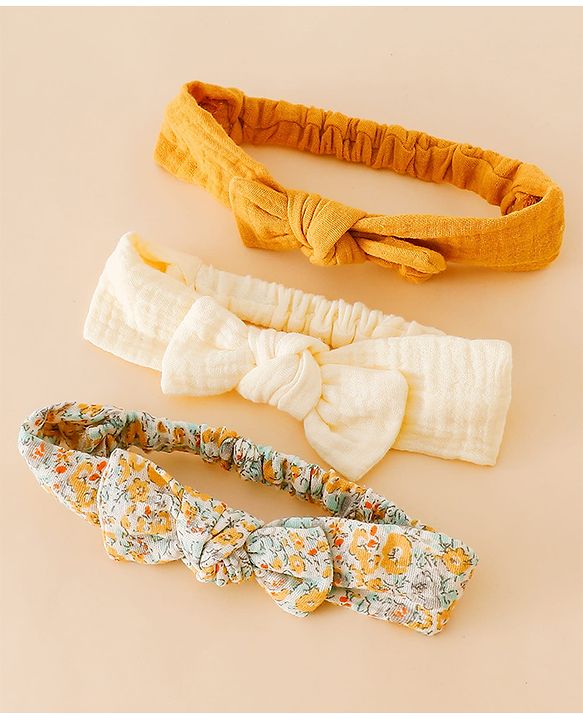 Babyhug Headband With Bow Applique Pack of 3 -Yellow & Off White
