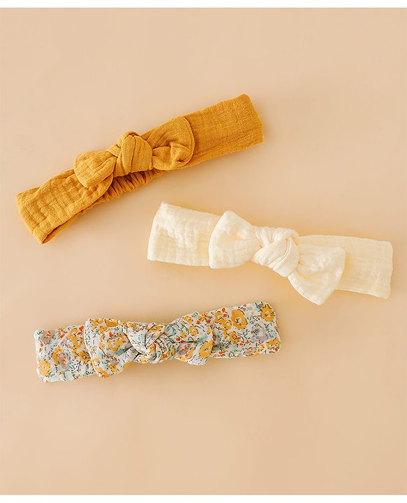 Babyhug Headband With Bow Applique Pack of 3 -Yellow & Off White