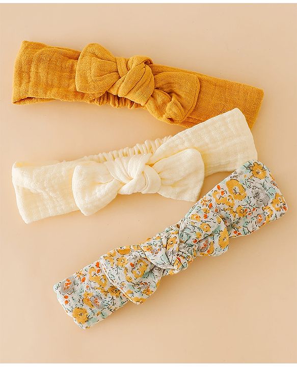 Babyhug Headband With Bow Applique Pack of 3 -Yellow & Off White