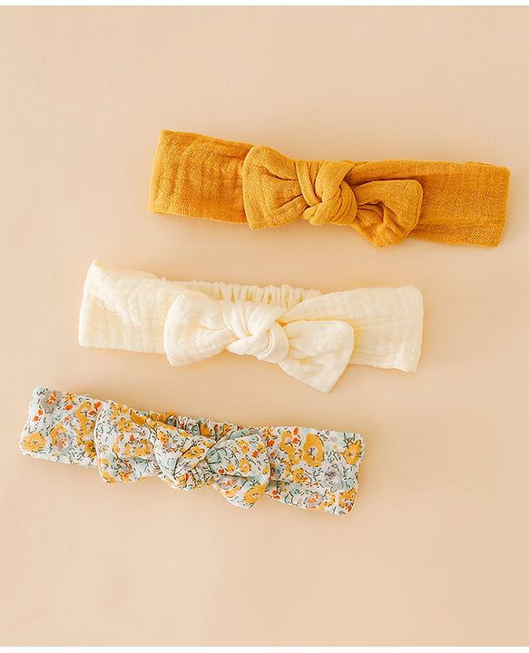 Babyhug Headband With Bow Applique Pack of 3 -Yellow & Off White