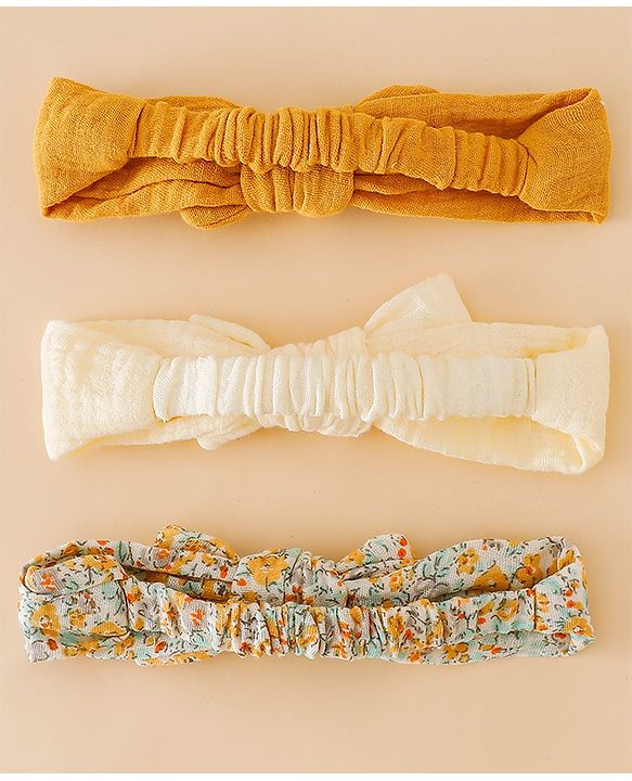 Babyhug Headband With Bow Applique Pack of 3 -Yellow & Off White