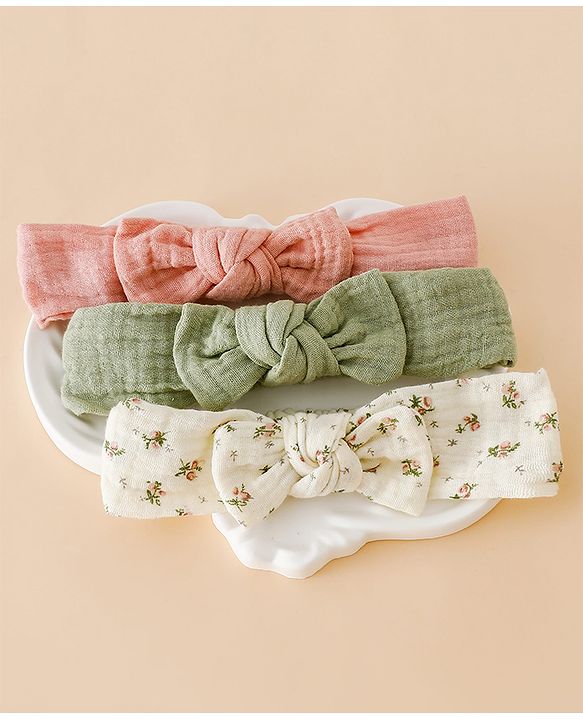 Babyhug Bow Applique Headbands Free Size-Pack of 3 - pink White & Green
