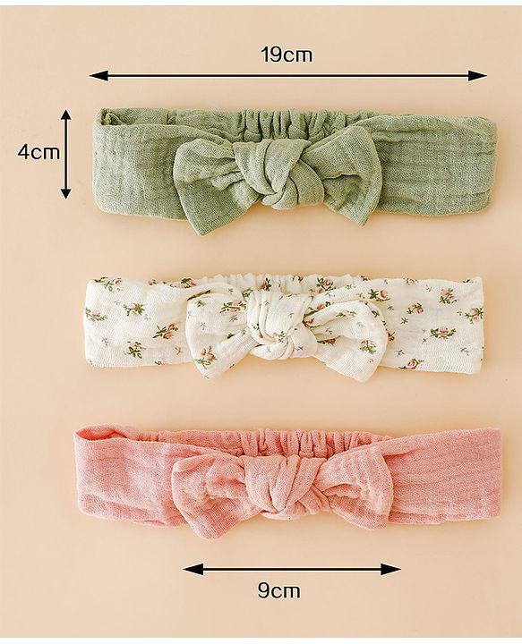 Babyhug Bow Applique Headbands Free Size-Pack of 3 - pink White & Green