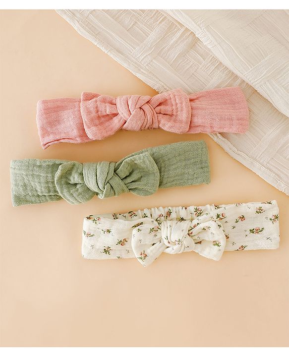 Babyhug Bow Applique Headbands Free Size-Pack of 3 - pink White & Green