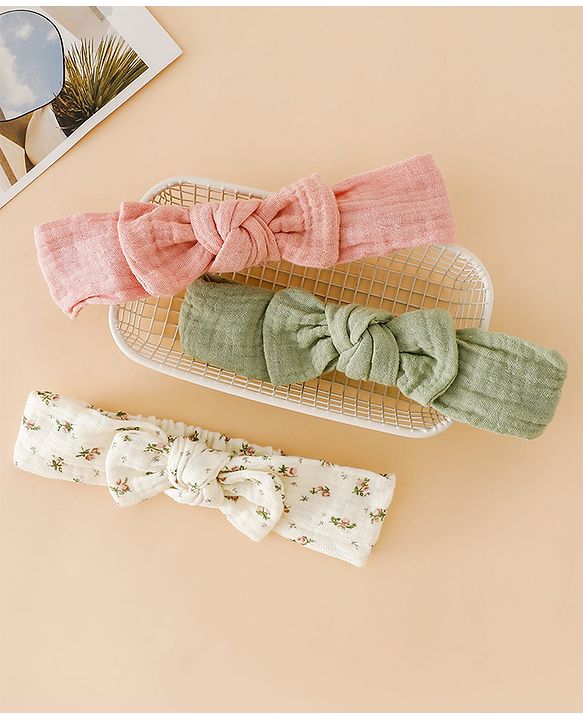 Babyhug Bow Applique Headbands Free Size-Pack of 3 - pink White & Green