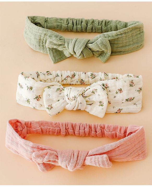 Babyhug Bow Applique Headbands Free Size-Pack of 3 - pink White & Green