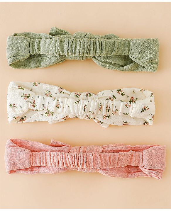 Babyhug Bow Applique Headbands Free Size-Pack of 3 - pink White & Green