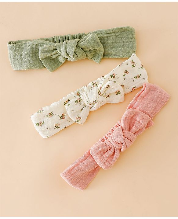 Babyhug Bow Applique Headbands Free Size-Pack of 3 - pink White & Green