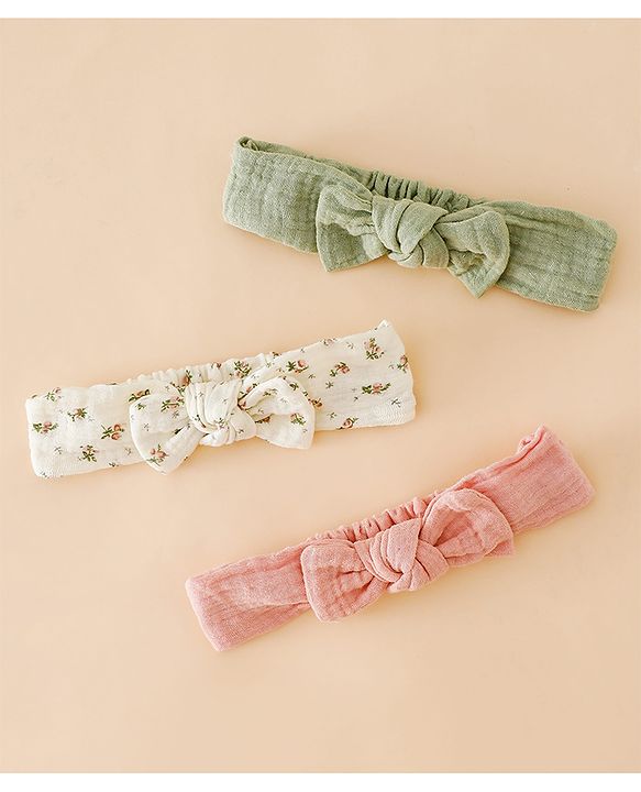 Babyhug Bow Applique Headbands Free Size-Pack of 3 - pink White & Green