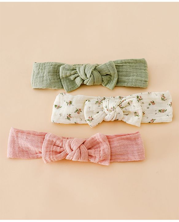 Babyhug Bow Applique Headbands Free Size-Pack of 3 - pink White & Green