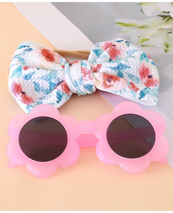 Girls Floral Headband and Round Sunglasses Set - PInk & Blue