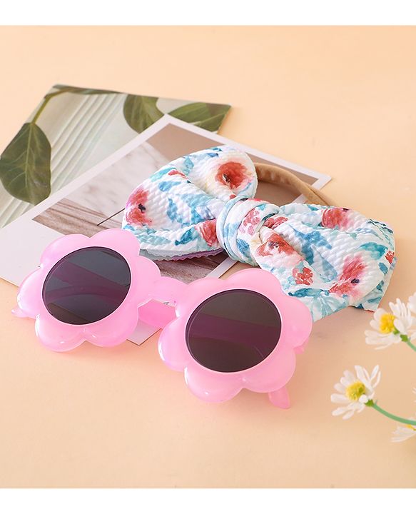 Girls Floral Headband and Round Sunglasses Set - PInk & Blue