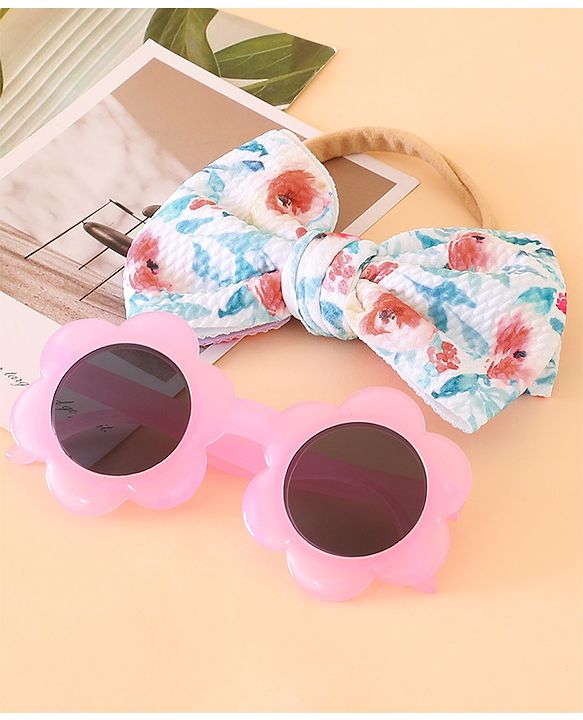 Girls Floral Headband and Round Sunglasses Set - PInk & Blue
