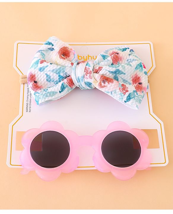 Girls Floral Headband and Round Sunglasses Set - PInk & Blue