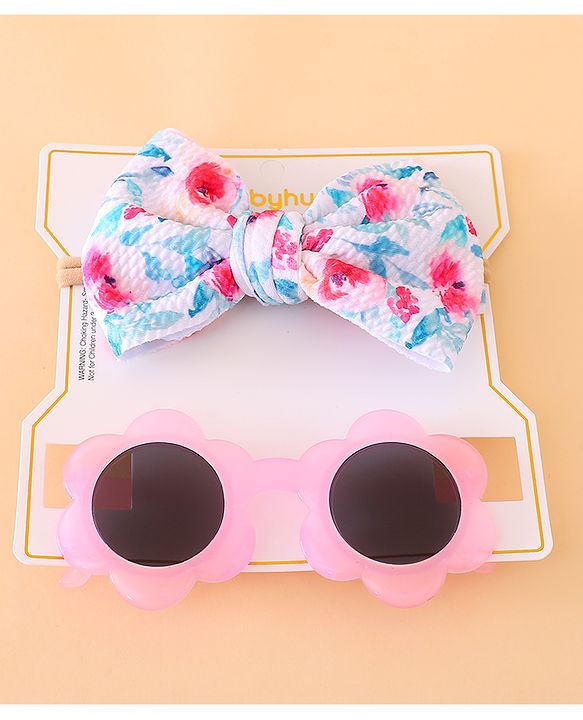 Girls Floral Headband and Round Sunglasses Set - PInk & Blue