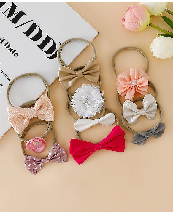 Babyhug Headbands With Bow & Floral Applique Pack of 10 - Red & Pink