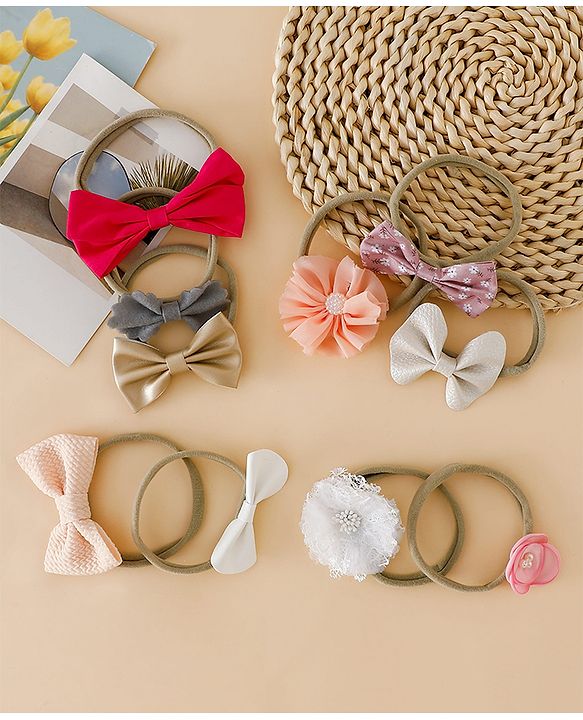 Babyhug Headbands With Bow & Floral Applique Pack of 10 - Red & Pink
