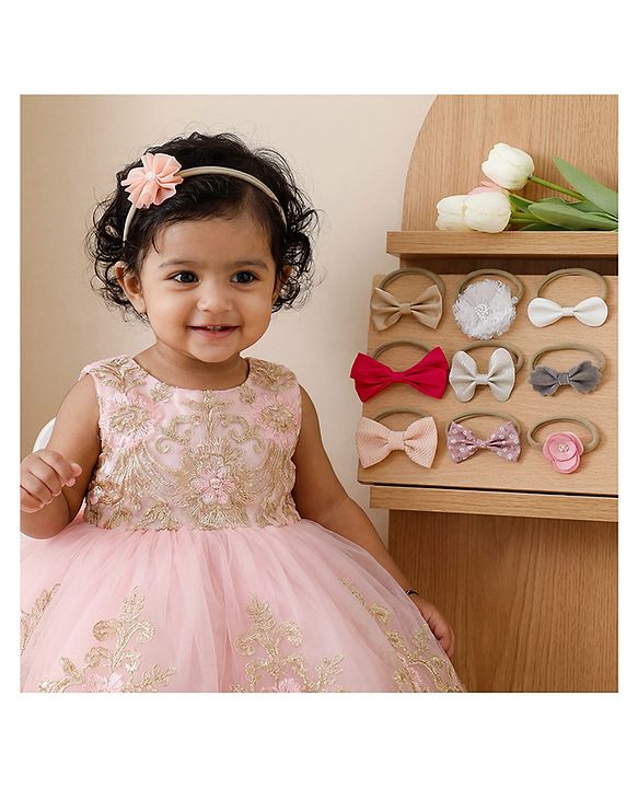 Babyhug Headbands With Bow & Floral Applique Pack of 10 - Red & Pink