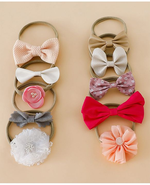 Babyhug Headbands With Bow & Floral Applique Pack of 10 - Red & Pink
