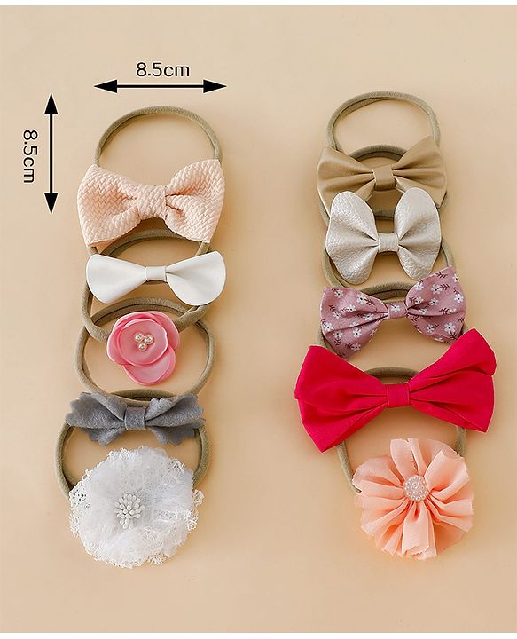 Babyhug Headbands With Bow & Floral Applique Pack of 10 - Red & Pink