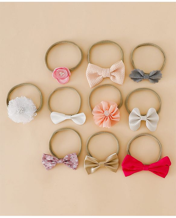 Babyhug Headbands With Bow & Floral Applique Pack of 10 - Red & Pink