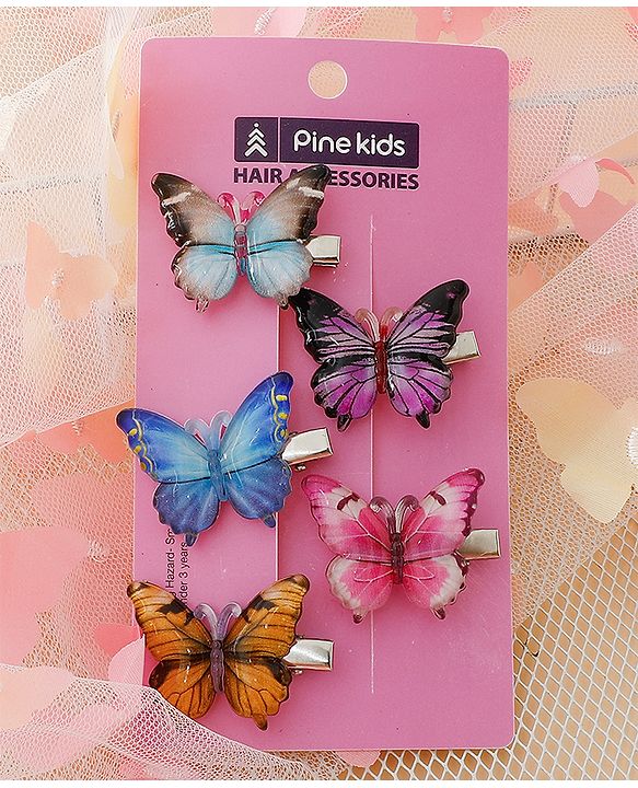Pine Kids Bow & Butterfly Hair Clips - Blue & Pink