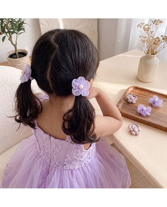 Babyhug Free Size Hair Rubber Bands With Flower Applique Pack of 5 - Purple
