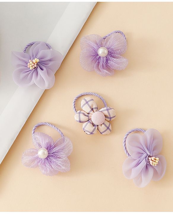 Babyhug Free Size Hair Rubber Bands With Flower Applique Pack of 5 - Purple