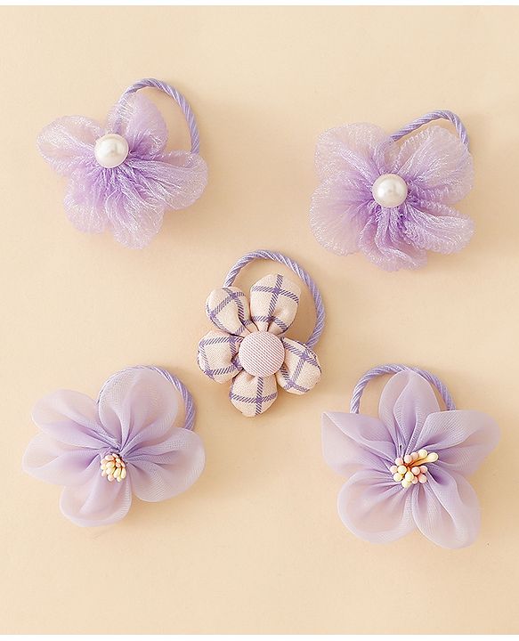 Babyhug Free Size Hair Rubber Bands With Flower Applique Pack of 5 - Purple