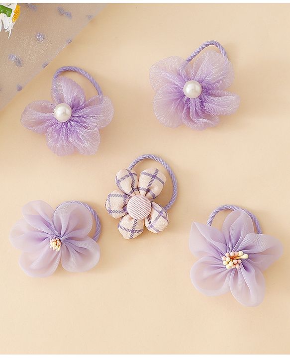 Babyhug Free Size Hair Rubber Bands With Flower Applique Pack of 5 - Purple