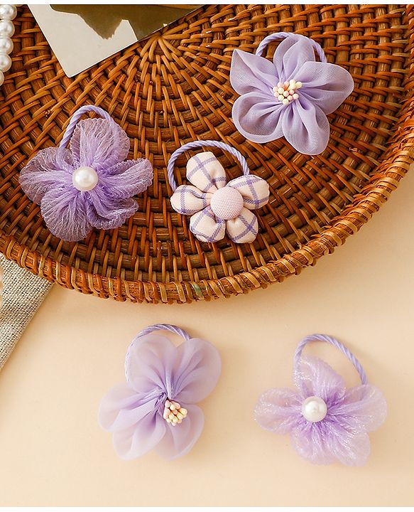 Babyhug Free Size Hair Rubber Bands With Flower Applique Pack of 5 - Purple
