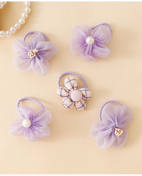 Babyhug Free Size Hair Rubber Bands With Flower Applique Pack of 5 - Purple