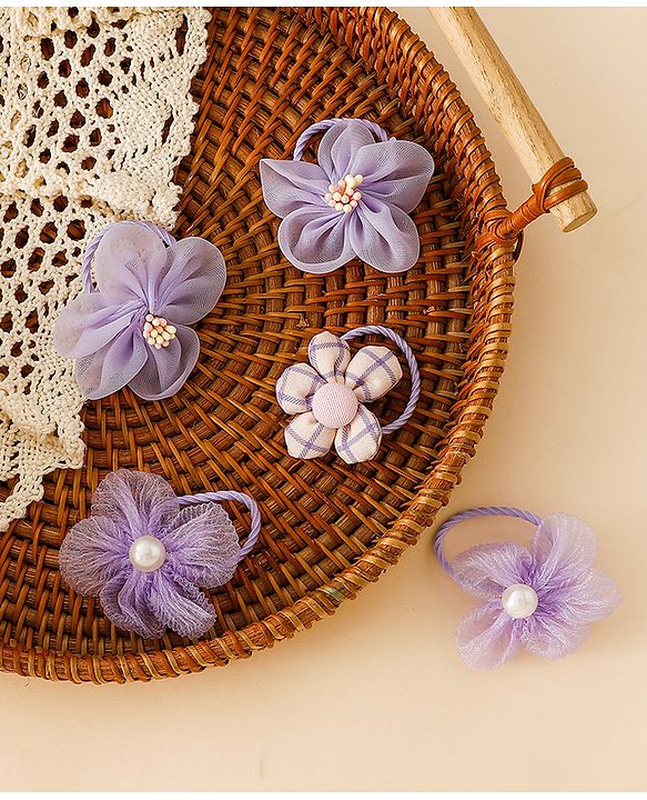 Babyhug Free Size Hair Rubber Bands With Flower Applique Pack of 5 - Purple